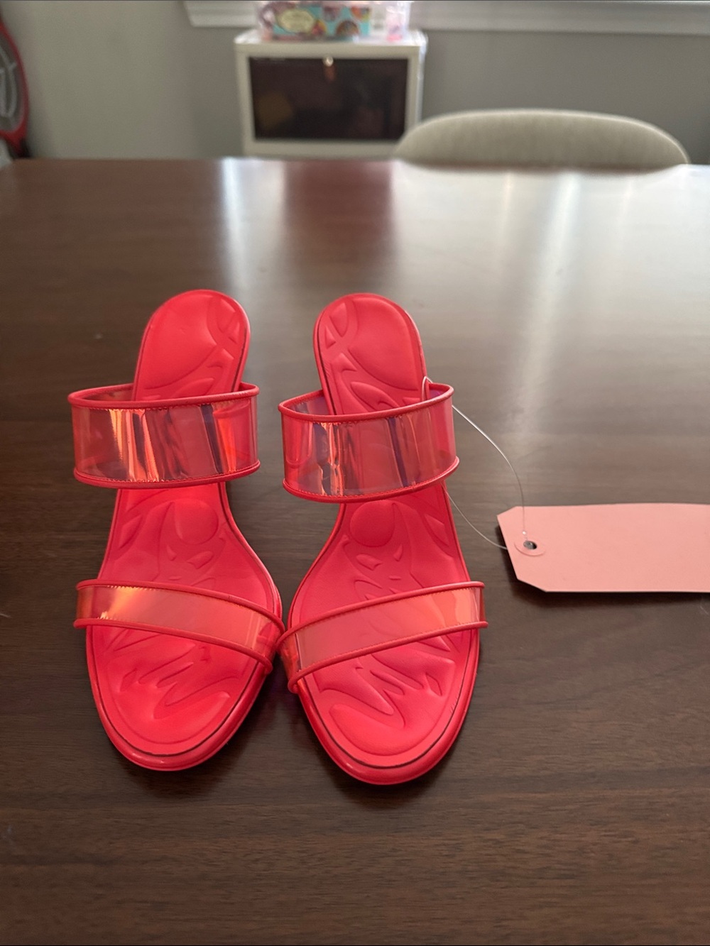 Christian Louboutin Neon Pink Slide Sandals with Iridescent Straps